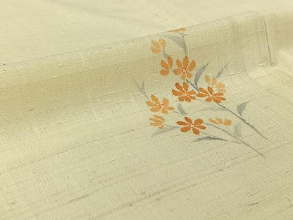 平和屋着物▽生紬　単衣　手描き　草花文　正絹　逸品　AABI2133jh