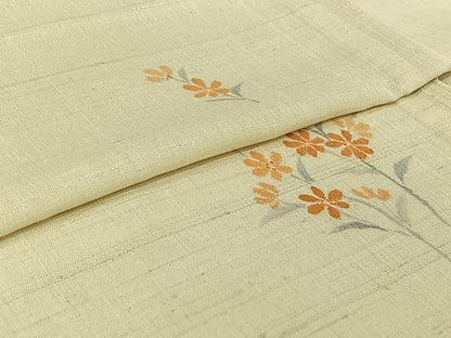 平和屋着物▽生紬　単衣　手描き　草花文　正絹　逸品　AABI2133jh