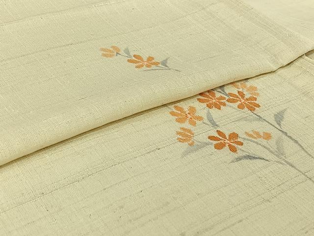 平和屋着物▽生紬　単衣　手描き　草花文　正絹　逸品　AABI2133jh