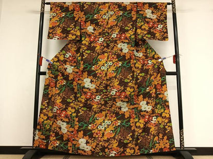 平和屋着物▽小紋　単衣　手描き　草花文　AABI2135jh
