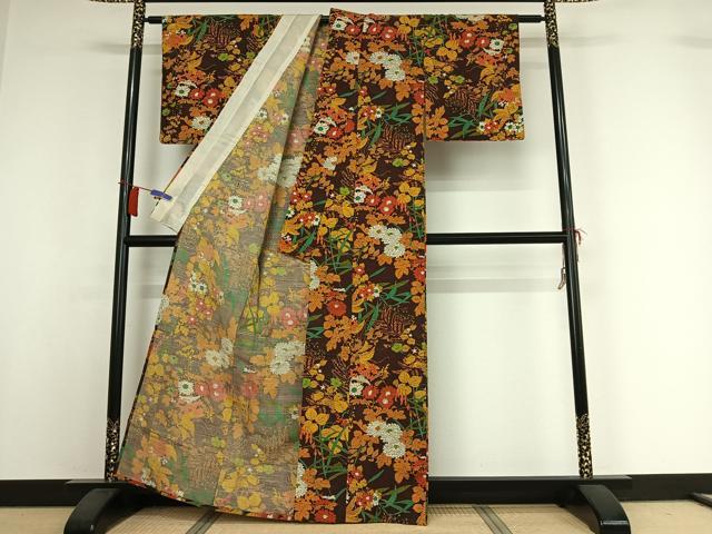 平和屋着物▽小紋　単衣　手描き　草花文　AABI2135jh