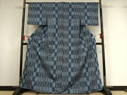 平和屋着物▽上質な紬　単衣　横段文　正絹　逸品　AABI2136jh