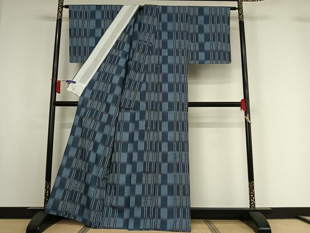 平和屋着物▽上質な紬　単衣　横段文　正絹　逸品　AABI2136jh
