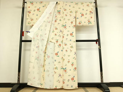 平和屋着物▽上質な小紋　単衣　草花文　正絹　逸品　AABI2139jh