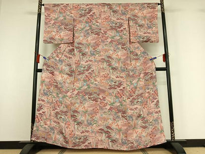 平和屋着物▽上質な小紋　単衣　風景花鳥文　暈し染め　鬼しぼ縮緬　正絹　逸品　AABI2141jh