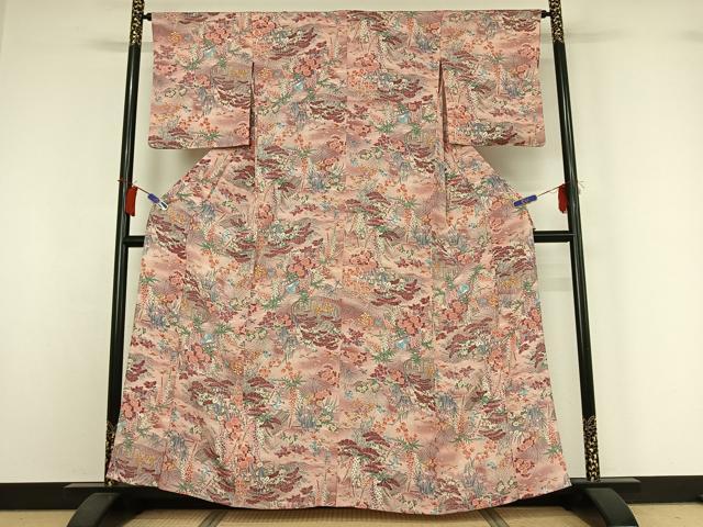 平和屋着物▽上質な小紋　単衣　風景花鳥文　暈し染め　鬼しぼ縮緬　正絹　逸品　AABI2141jh