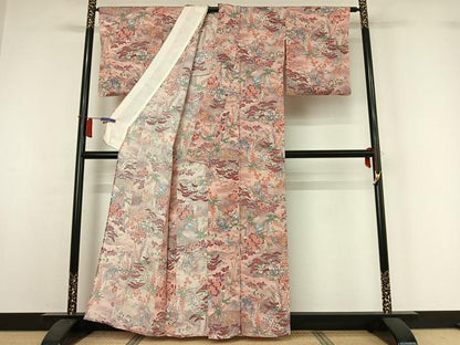 平和屋着物▽上質な小紋　単衣　風景花鳥文　暈し染め　鬼しぼ縮緬　正絹　逸品　AABI2141jh