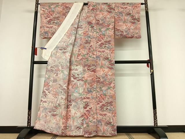 平和屋着物▽上質な小紋　単衣　風景花鳥文　暈し染め　鬼しぼ縮緬　正絹　逸品　AABI2141jh