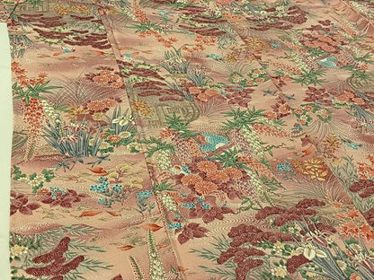 平和屋着物▽上質な小紋　単衣　風景花鳥文　暈し染め　鬼しぼ縮緬　正絹　逸品　AABI2141jh