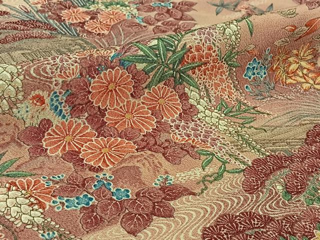 平和屋着物▽上質な小紋　単衣　風景花鳥文　暈し染め　鬼しぼ縮緬　正絹　逸品　AABI2141jh