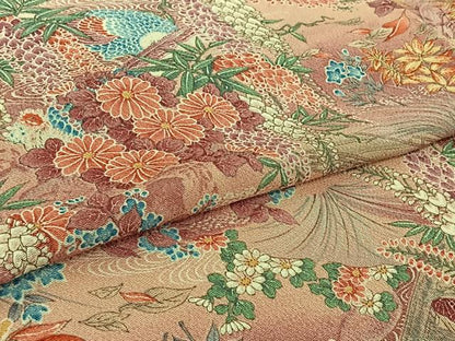 平和屋着物▽上質な小紋　単衣　風景花鳥文　暈し染め　鬼しぼ縮緬　正絹　逸品　AABI2141jh