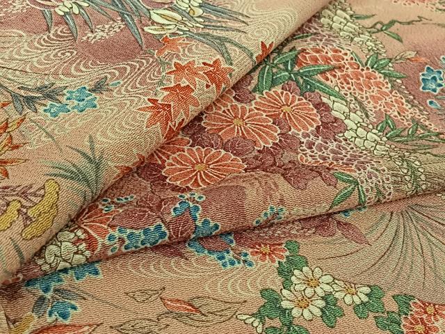 平和屋着物▽上質な小紋　単衣　風景花鳥文　暈し染め　鬼しぼ縮緬　正絹　逸品　AABI2141jh