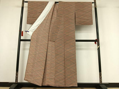 平和屋着物▽上質な小紋　単衣　作家物　網目文　鬼しぼ縮緬　正絹　逸品　AABI2146jh
