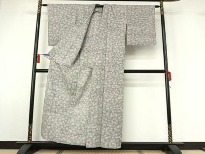 平和屋着物▽上質な紬　単衣　舞花文　正絹　逸品　AABI2148jh