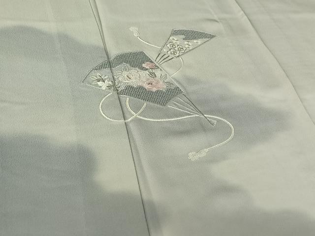 平和屋着物▽訪問着　単衣　中国三大刺繍　汕頭刺繍　スワトウ刺繍　総刺繍　扇面花文　暈し染め　銀糸　正絹　逸品　AABI2151jh
