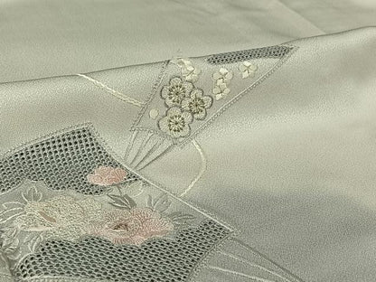 平和屋着物▽訪問着　単衣　中国三大刺繍　汕頭刺繍　スワトウ刺繍　総刺繍　扇面花文　暈し染め　銀糸　正絹　逸品　AABI2151jh