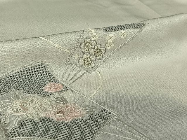 平和屋着物▽訪問着　単衣　中国三大刺繍　汕頭刺繍　スワトウ刺繍　総刺繍　扇面花文　暈し染め　銀糸　正絹　逸品　AABI2151jh