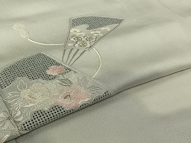 平和屋着物▽訪問着　単衣　中国三大刺繍　汕頭刺繍　スワトウ刺繍　総刺繍　扇面花文　暈し染め　銀糸　正絹　逸品　AABI2151jh
