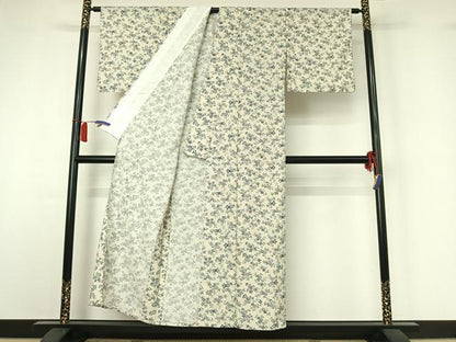 平和屋着物▽上質な小紋　単衣　紬地　草花文　正絹　逸品　AABI2156jh