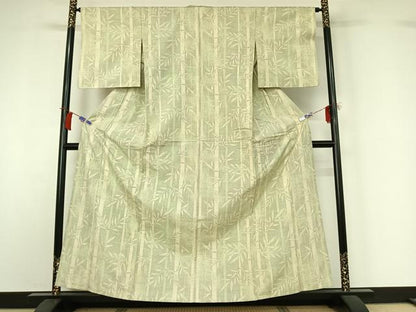 平和屋着物▽上質な紬　単衣　笹竹文　正絹　逸品　AABI2159jh