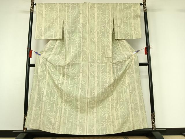 平和屋着物▽上質な紬　単衣　笹竹文　正絹　逸品　AABI2159jh