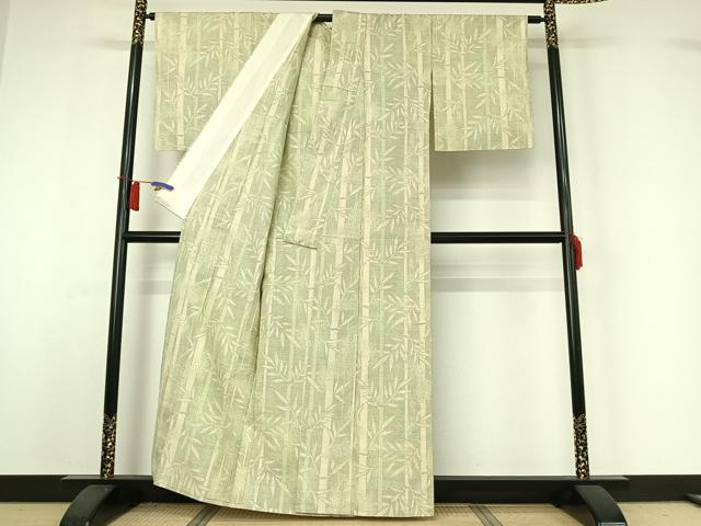 平和屋着物▽上質な紬　単衣　笹竹文　正絹　逸品　AABI2159jh