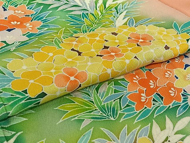 平和屋着物▽訪問着　単衣　草花文　暈し染め　正絹　逸品　AABI2161jh