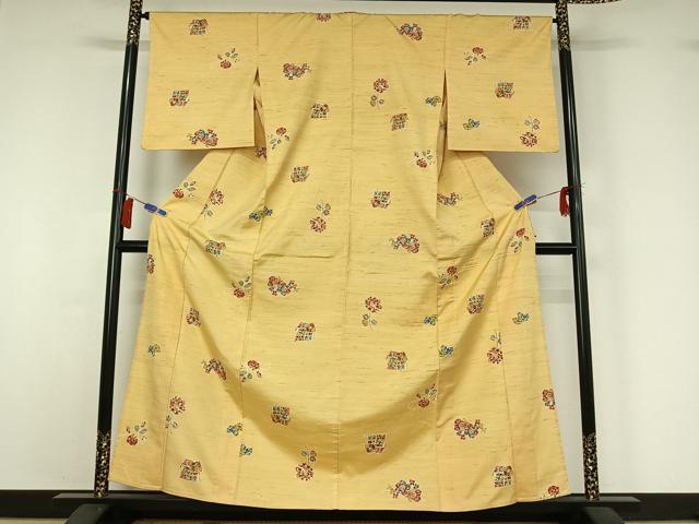 平和屋着物▽上質な紬　単衣　草花文　正絹　逸品　AABI2162jh