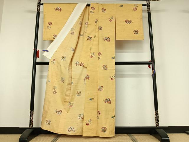 平和屋着物▽上質な紬　単衣　草花文　正絹　逸品　AABI2162jh