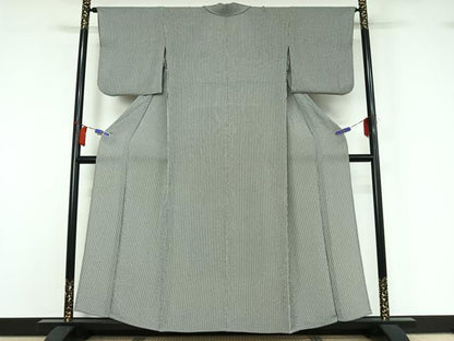 平和屋着物▽上質な小紋　単衣　縞　鬼しぼ縮緬　正絹　逸品　AABI2170jh