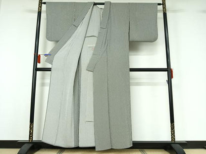 平和屋着物▽上質な小紋　単衣　縞　鬼しぼ縮緬　正絹　逸品　AABI2170jh