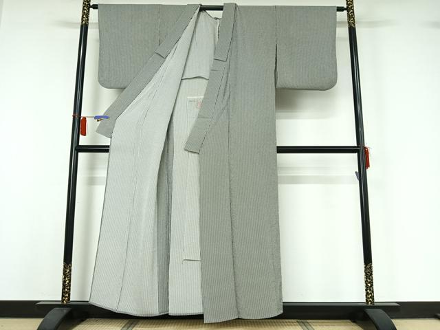 平和屋着物▽上質な小紋　単衣　縞　鬼しぼ縮緬　正絹　逸品　AABI2170jh