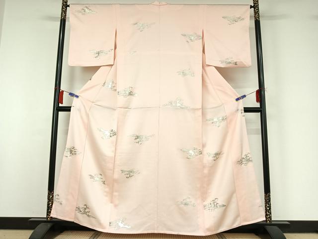 平和屋着物▽上質な小紋　単衣　立波文　銀彩　正絹　逸品　AABI2171jh