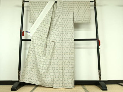 平和屋着物▽上質な紬　単衣　亀甲柄　正絹　逸品　AABI2173jh