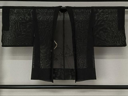 平和屋着物▽道中着　スリーシーズン　春夏秋　塵除け　絞り　風景花文　黒地　正絹　逸品　AABI2174jh