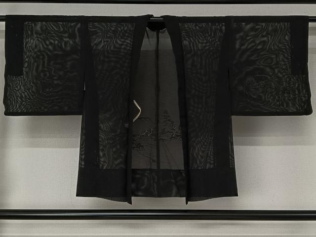 平和屋着物▽道中着　スリーシーズン　春夏秋　塵除け　絞り　風景花文　黒地　正絹　逸品　AABI2174jh