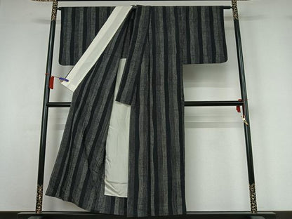 平和屋着物▽上質な紬　単衣　縞　黒地　正絹　逸品　AABI2175jh