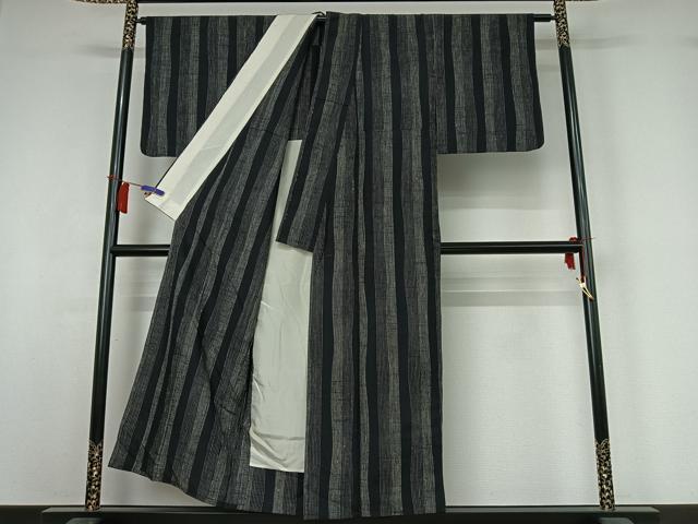 平和屋着物▽上質な紬　単衣　縞　黒地　正絹　逸品　AABI2175jh