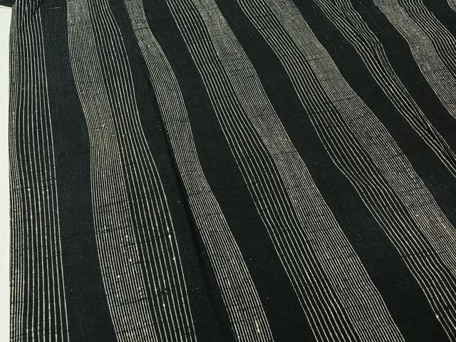 平和屋着物▽上質な紬　単衣　縞　黒地　正絹　逸品　AABI2175jh