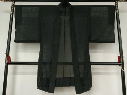 平和屋着物▽男性　羽織　スリーシーズン　春夏秋　塵除け　霞文　黒地　正絹　逸品　AABI2176jh