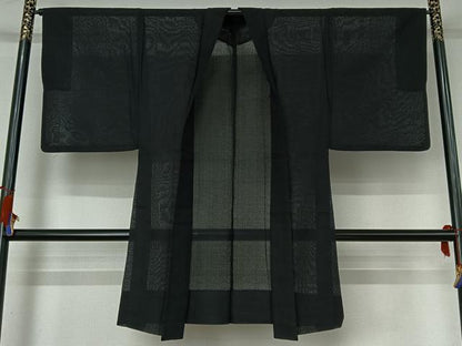 平和屋着物▽男性　羽織　スリーシーズン　春夏秋　塵除け　暗黒色　黒地　正絹　逸品　AABI2180jh
