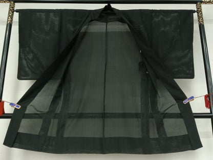 平和屋着物▽男性　羽織　スリーシーズン　春夏秋　塵除け　暗黒色　黒地　正絹　逸品　AABI2182jh