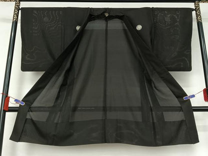 平和屋着物▽夏物 男性 羽織 黒紋付 スリーシーズン 春夏秋 絽 暗黒色 正絹 逸品 AABI2187jh
