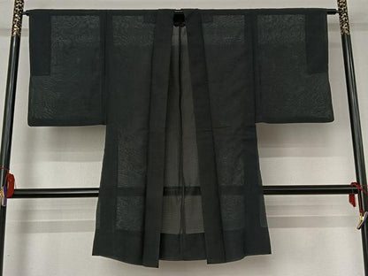 平和屋着物▽男性　羽織　スリーシーズン　春夏秋　塵除け　暗黒色　黒地　正絹　逸品　AABI2188jh
