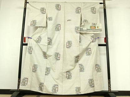平和屋着物▽本場大島紬　白大島　名匠たかし　単衣　風景文　正絹　逸品　AABI2189jh