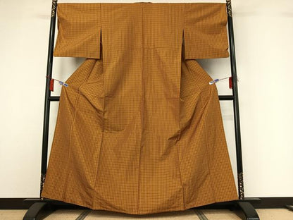 平和屋着物▽本場黄八丈　平織　紬　単衣　格子　正絹　逸品　AABI2192jh