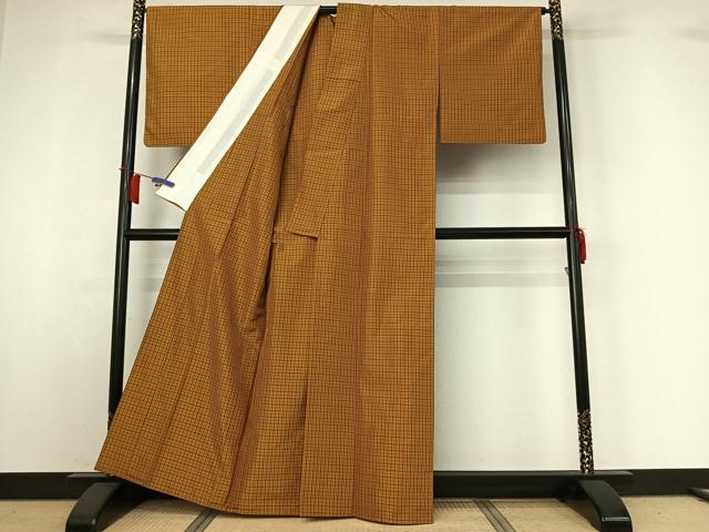 平和屋着物▽本場黄八丈　平織　紬　単衣　格子　正絹　逸品　AABI2192jh