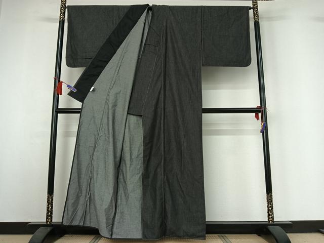 平和屋着物▽小紋　デニム着物　単衣　霞文　綿　逸品　AABI2194jh