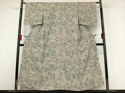 平和屋着物▽上質な小紋　単衣　型染め　藍　切り嵌め花文　鬼しぼ縮緬　正絹　逸品　AABI2195jh