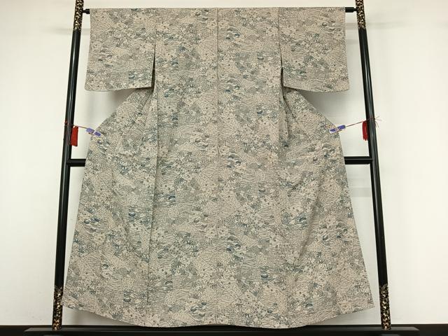 平和屋着物▽上質な小紋　単衣　型染め　藍　切り嵌め花文　鬼しぼ縮緬　正絹　逸品　AABI2195jh
